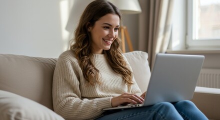 Fototapeta premium Woman Using Laptop Computer Sitting on Sofa at Home