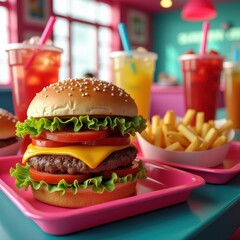 visually stacked fast food items colorful trays burger fries drinks delightful arrangement, sandwich, pizza, nuggets, wraps, salad, dessert, vegetable
