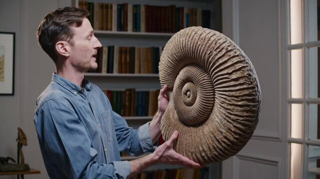 Experienced paleontologist revealing intricate details of rare ammonite fossil while standing near museum exhibit, sharing scientific insights on prehistoric marine life