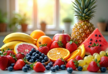 vivid colorful fruits fresh juicy berries citrus melon grapes pineapple apples bananas displaying bright kitchen environment, salad, orange, kiwi, mango, peach, smoothie