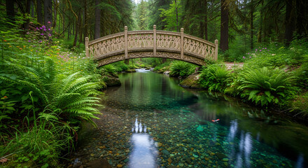 Wooden bridge over a crystal-clear stream in a lush, green forest, creating a serene scene.