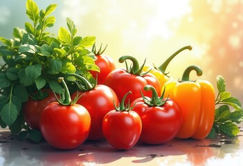 vivid colors fresh vegetables floating mid air vibrant illustrations culinary art nutrition organic freshness, pepper, onion, garlic, potato, cucumber