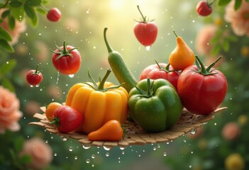 vivid fresh vegetables floating air colorful garden produce culinary ingredients healthy lifestyle, carrots, broccoli, carrot, pepper, tomato, spinach