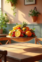 vivid fruit arrangement floating above wooden table transforming simple space into whimsical while displaying colorful bounty natural beauty, levitating