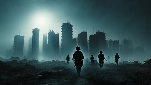 Cinematic war scene,  epic and dramatic destroyed city silhouette in the background