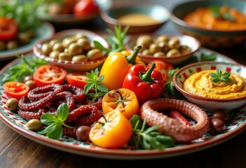 vivid tapas platter colorful culinary presentation mediterranean cuisine fresh ingredients artistic dishware, appetizer, display, food, plate, meal, table