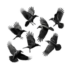 Fototapeta premium A black and white artistic composition of seven ravens isolated on transparent white background 