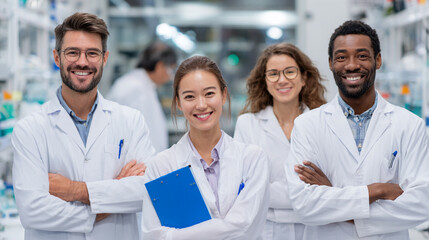 Fototapeta premium Diverse Team of Smiling Scientists in Lab Coats Collaborating on Innovative Chemistry Experiment in Modern Laboratory