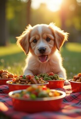 wholesome dog meals served vibrant pet bowls full colorful eager meals happy canines, input, fresh, organic, nourishing, food, nutrition, ingredients, bones