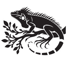 Obraz premium Iguana Silhouette on Tree Branch Black and White Vector Illustration Reptile Lizard Animal Wildlife Nature Graphic Design