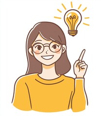 Woman with glasses smiling and pointing at a light bulb symbolizing a bright idea in a colorful illustration