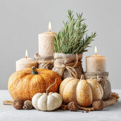 Autumn brings cozy fall equinox festival atmosphere with pumpkins candles and fresh herbs creating warm ambiance