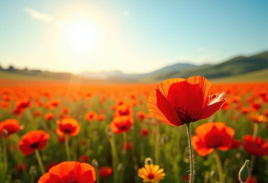 vibrant poppy field sunny sky colorful blossoms nature landscape spring bright flowers meadow bloom, petal, scenery, flora, beauty, garden, season, breeze