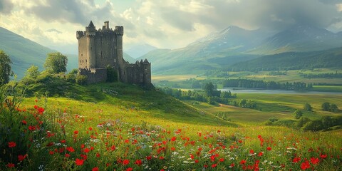 Stone castle with cylindrical towers stands amid green hills and blooming wildflower field under cloudy sky and distant mountains. Generative by AI.