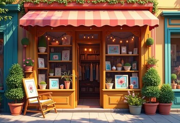 charming small storefront colorful product displays vibrant merchandising frontage shopping experience, products, entrance, window, signage, showcase, retail