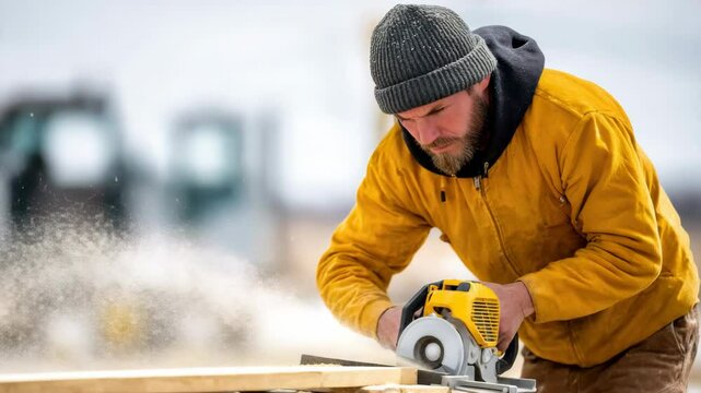 Carpenter worker in yellow jacket and gray beanie uses circular saw to cut wood outdoors, focused and determined, with sawdust flying in air, showcasing skilled construction and carpentry work