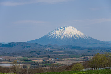 牧場から望む残雪の羊蹄山が聳える風景