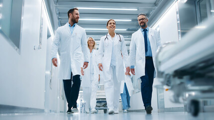 Healthcare Collaboration: Medical Professionals in a Modern Hospital Corridor