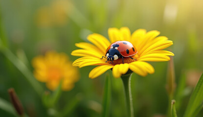Obraz premium Ladybug on a Bright Yellow Flower in a Sunny Garden