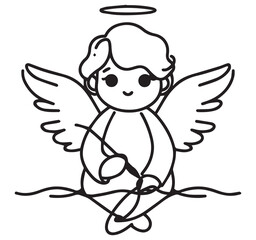 Fototapeta premium Cute Cartoon Angel Line Art Simple Black White Drawing with Halo and Wings Holding String of Lights Illustration