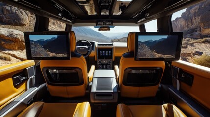 Luxurious vehicle interior with built-in entertainment screens.