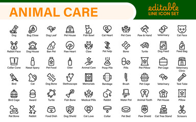 Pet Services and Animal Care Icon Set – Minimal Line Vector Illustrations for Pet Sitting, Grooming, Veterinary, Training, and Animal Health Projects