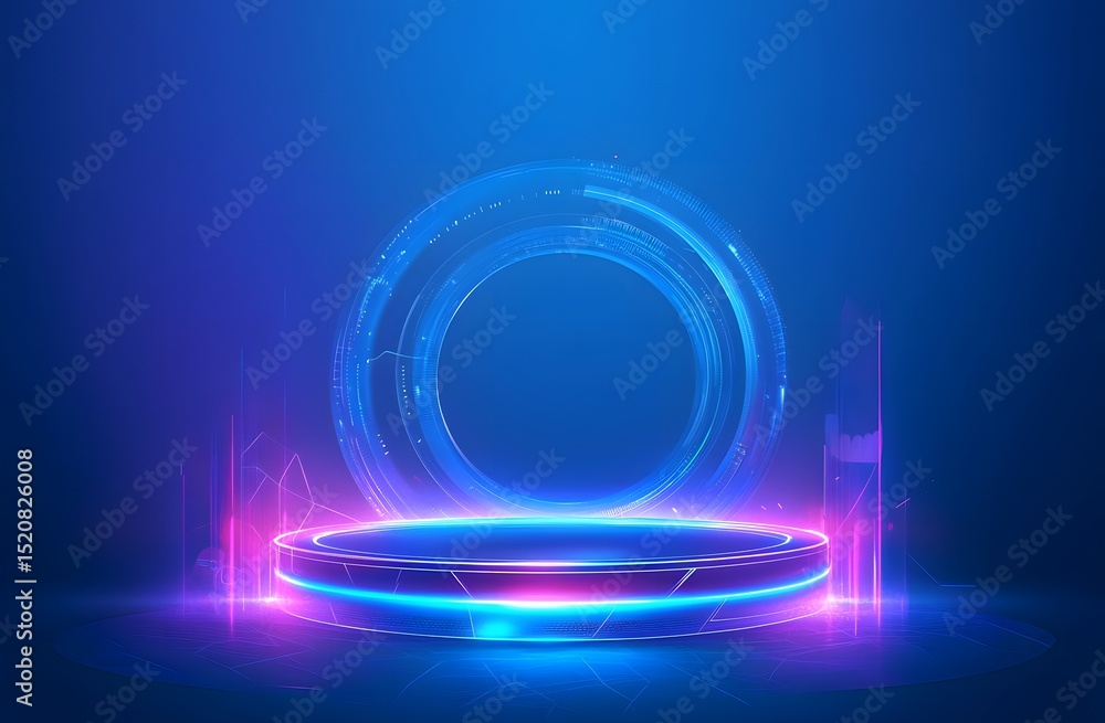 Poster abstract futuristic blue technology background with a glowing round podium and holographic elements 