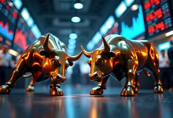 dynamic bull bear sculptures representing stock market trends trading floor environment, finance, economy, investment, trader, volatility, exchange, asset