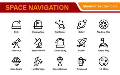 Space Navigation and Trajectories Icon Set &ndash; Minimal Line Art Vector Illustrations for Astronaut, Satellite, Rocket, Trajectory, and Space Mission Designs