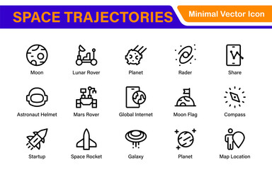 Obraz premium Space Navigation and Trajectories Icon Set – Minimal Line Art Vector Illustrations for Astronaut, Satellite, Rocket, Trajectory, and Space Mission Designs