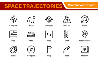 Space Navigation and Trajectories Icon Set – Minimal Line Art Vector Illustrations for Astronaut, Satellite, Rocket, Trajectory, and Space Mission Designs