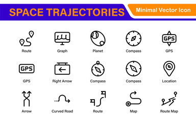 Space Navigation and Trajectories Icon Set – Minimal Line Art Vector Illustrations for Astronaut, Satellite, Rocket, Trajectory, and Space Mission Designs