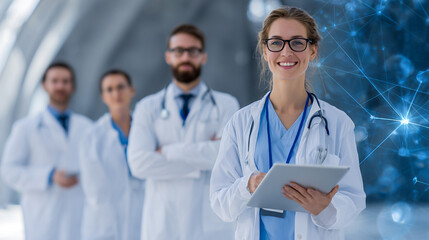 Smiling Pediatrician Leads Diverse Medical Team in Healthcare Clinic: Professional Trust, Collaboration, and Digital Health Technology