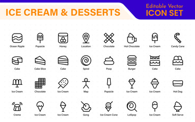 Delicious Ice Cream and Desserts Icons. A Sweet Collection for Menu Design, Recipe Apps, Bakery Projects, and Dessert Shops with Creative, Mouth-Watering Visuals