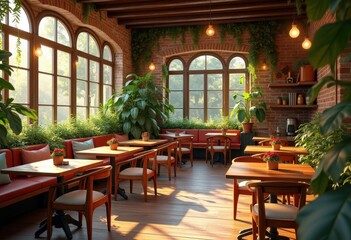inviting interior cozy wooden furniture lush green plants natural ambiance relaxation, deco, vintage, greenery, lighting, table, chair, decor, lamp