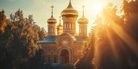 Fototapeta premium Orthodox church with golden domes and green rooftops surrounded by trees, mountains in the background, sun shining through clouds. Generative by AI.