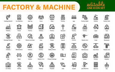 Factory and Machine Icons Collection. A Versatile Set for Industrial Design, Production Workflows, Machinery, Factory Management, and Engineering Solutions.