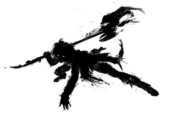 The black silhouette of a fighter with an axe in a dynamic pose, he is ready to rush at the enemy at any moment. Action-packed, half-crouching pose. 2d art. Ink blots and splashes