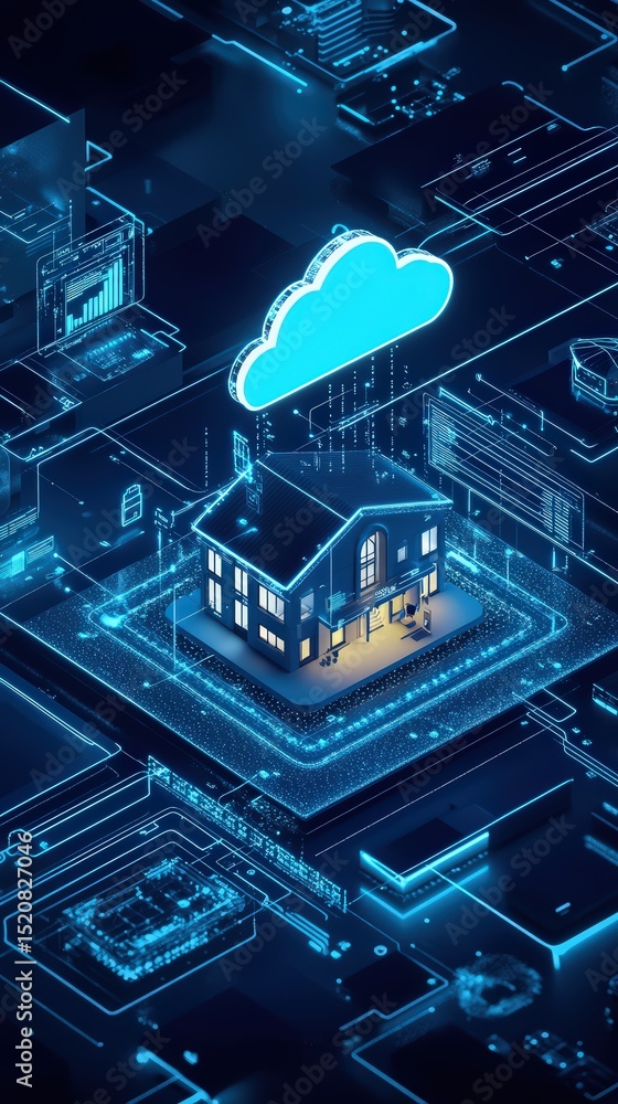 Poster futuristic house integrated with cloud computing and digital network infrastructure