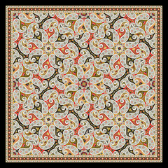 Traditional Mughal Floral Bandana Scarf – Red, Beige & Black Ornate Kairi Design, Vintage Ethnic Textile Print for Hijab, Dupatta, Shawl – High Resolution Seamless Fabric Pattern