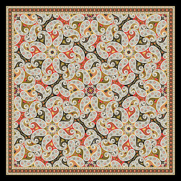 Traditional Mughal Floral Bandana Scarf &ndash; Red, Beige & Black Ornate Kairi Design, Vintage Ethnic Textile Print for Hijab, Dupatta, Shawl &ndash; High Resolution Seamless Fabric Pattern