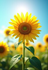 Obraz premium vibrant sunflower bright yellow petals clear blue sky natural beauty floral scene, nature, bloom, blossom, field, spring, landscape, garden, pollen, wildflower