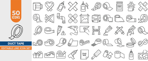 Adhesive & Tape line Icon Set – 50 Line Icons of Duct Tape, Glue, Stickers and Sticky Items. Editable Stroke. Vector illustration