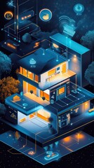 Futuristic interconnected home visualization with geometric shapes and glowing lines