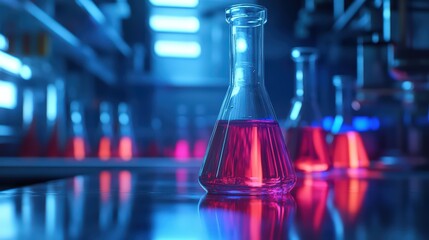 Futuristic laboratory with chemical glassware, neon illumination and reflections