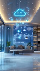 Futuristic Living Room with Cloud Computing Concepts and Smart Home Technology