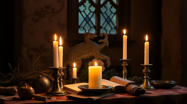 Christian still life with burning candles and old Psalter