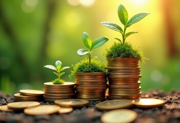 stacked coins green plant growth symbolizing financial sustainable living, nature, leaf, money, dollars, currency, banknote, investment, prosperity