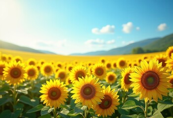 Fototapeta premium vibrant sunflower fields blooming under clear blue sky full sunlight showcasing beauty yellow flowers, nature, landscape, petal, green, summer, scene