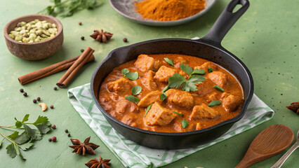 Spicy Indian Chicken Curry (Tikka Masala) in Cast Iron Skillet with Cilantro on Green Background